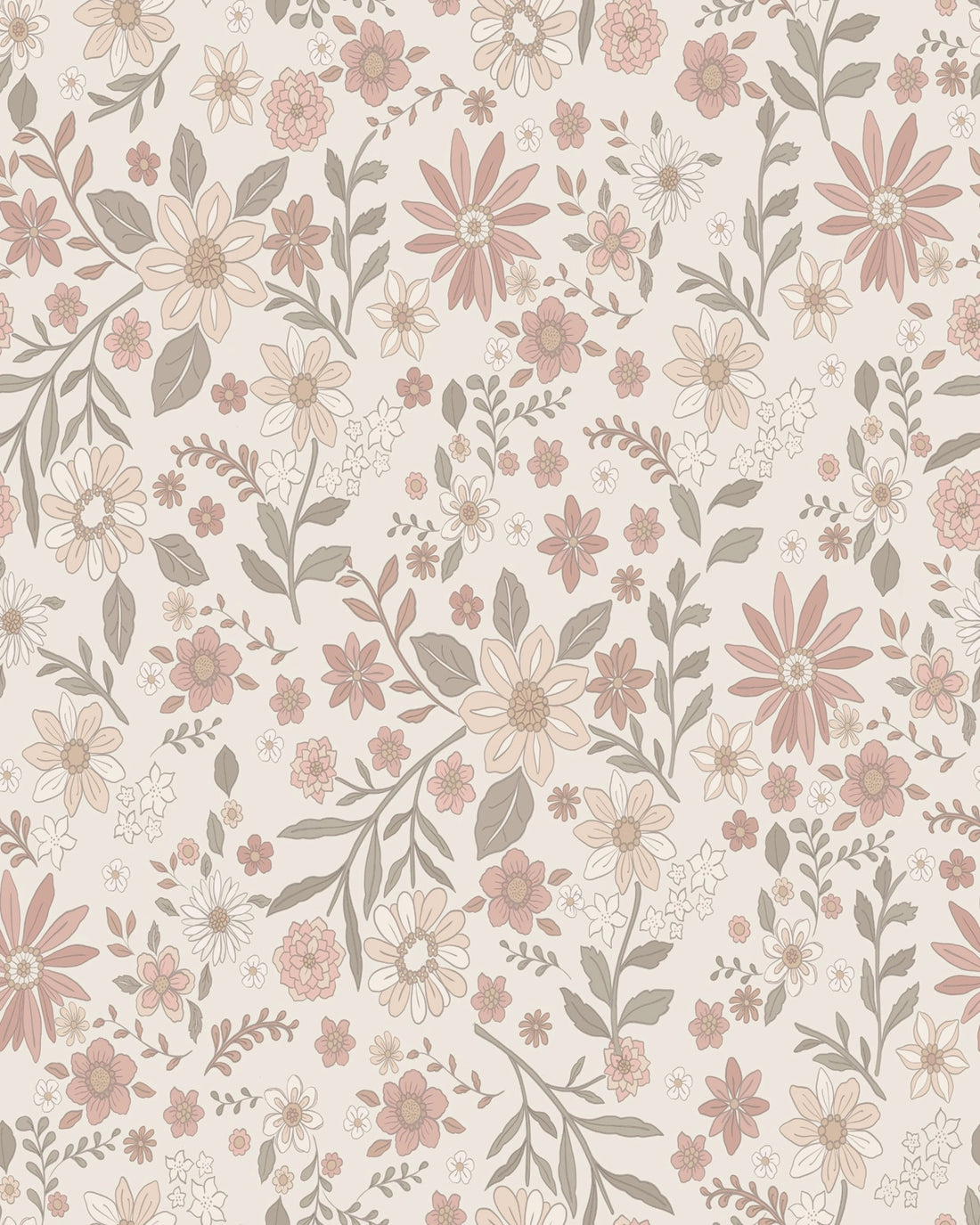 Boho Retro Florals & Leaves Wallpaper – Dusty Beige