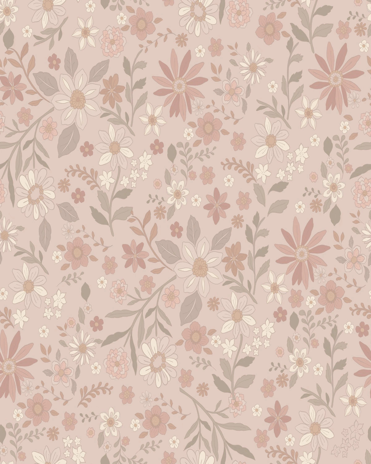 Boho Retro Florals & Leaves Wallpaper – Dusty Berry