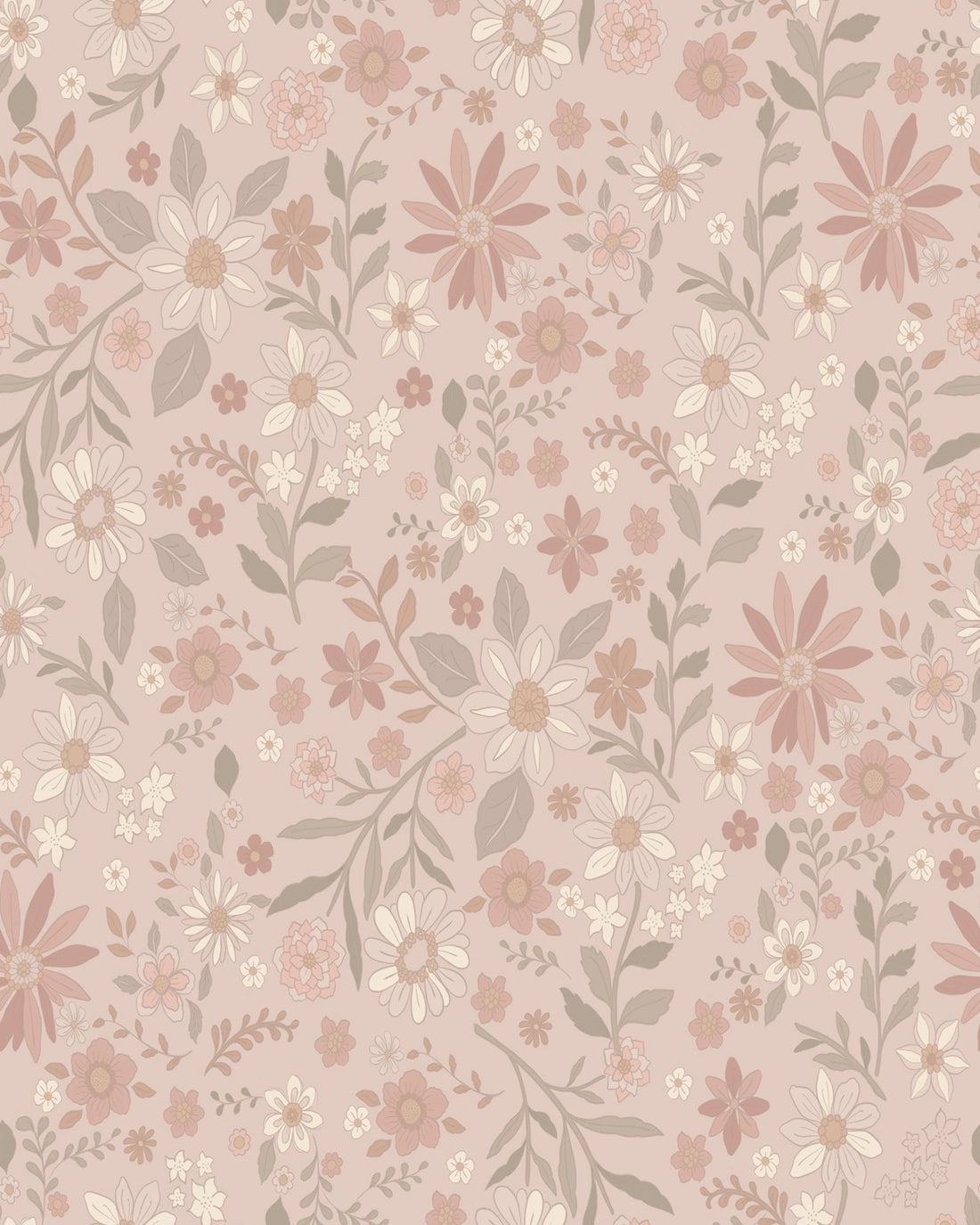 Boho Retro Florals & Leaves Wallpaper – Dusty Berry