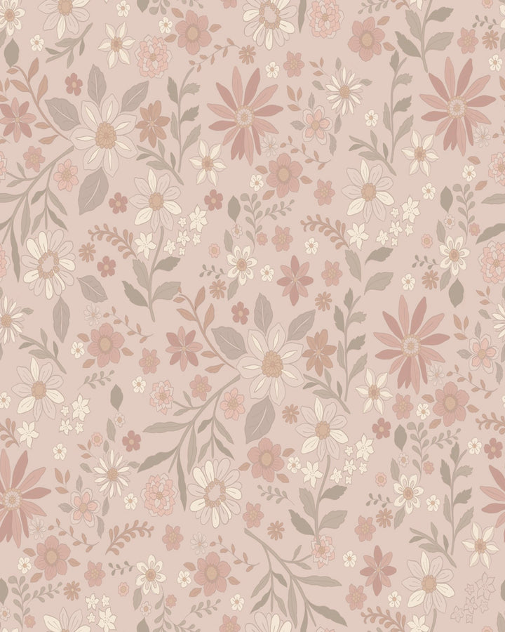 Boho Retro Florals & Leaves Wallpaper – Dusty Berry
