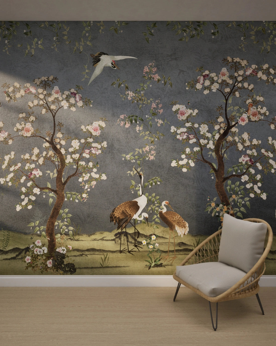 Chinoiserie Crane Birds Floral Garden Wallpaper – Indigo