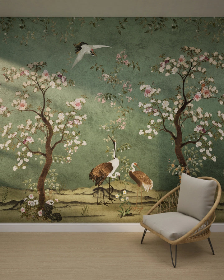 Vintage Chinoiseries Cranes & Blossoms Wallpaper – Jade Green