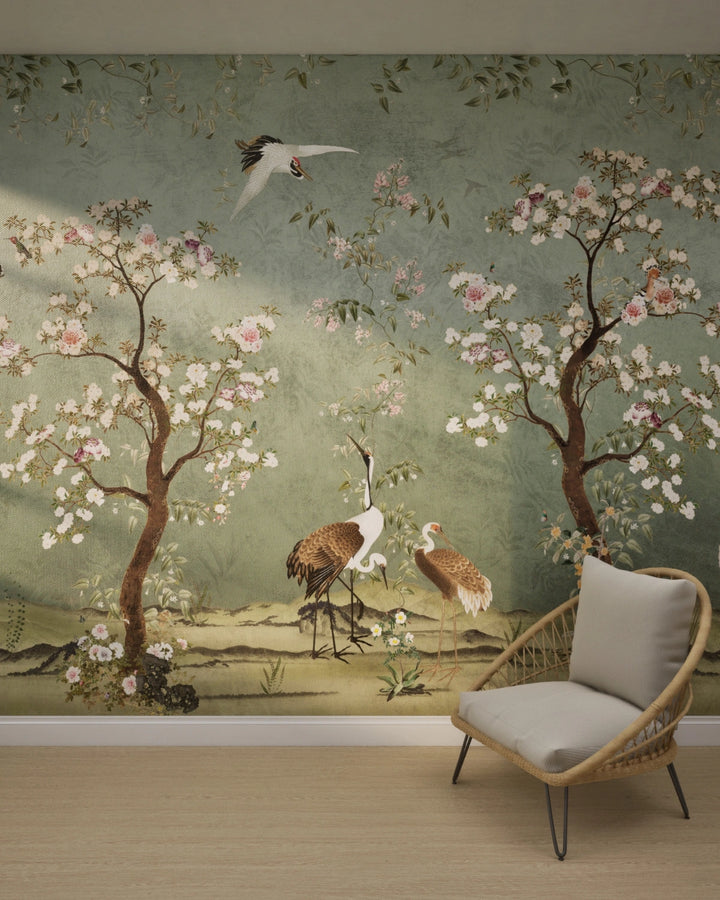 Vintage Chinoiseries Cranes & Blossoms Wallpaper – Sage Green