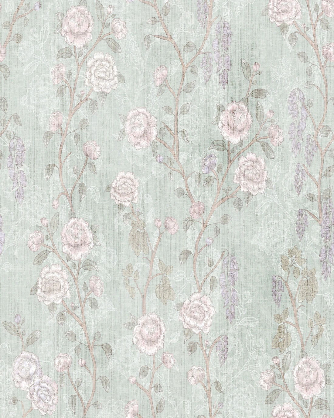 Climbing Roses Shabby Chic Wallpaper – Pale Blue