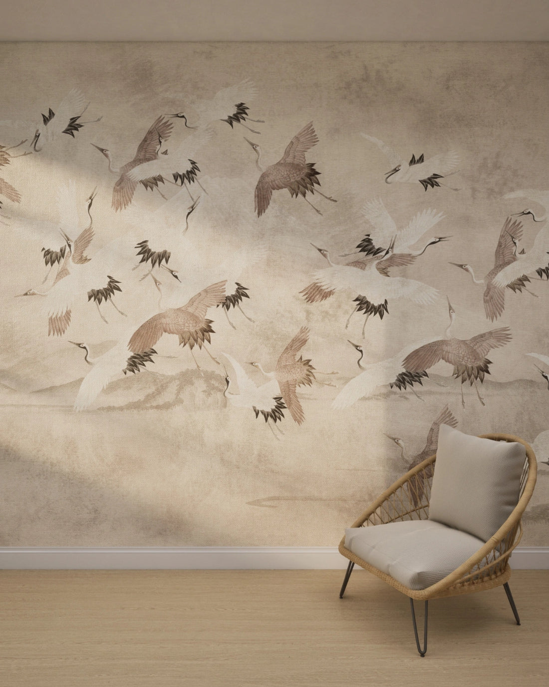 Flying Vintage Crane Birds Wallpaper – Faded Grey