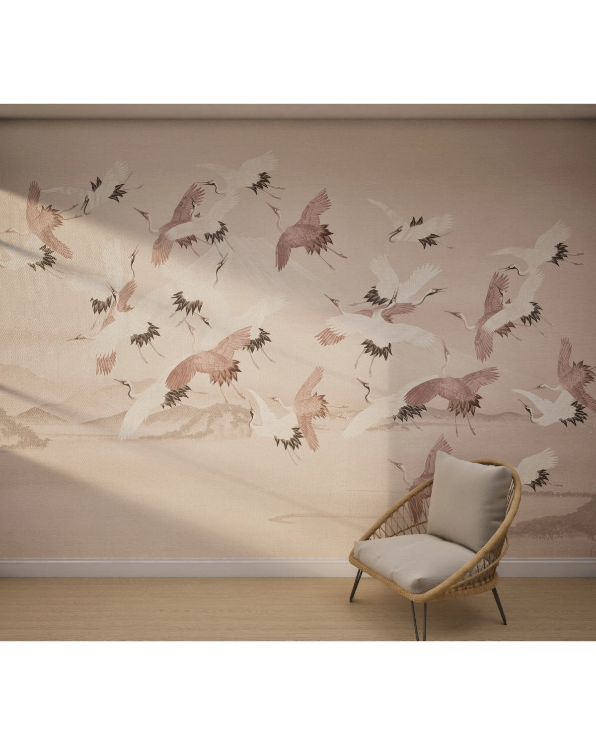 Flying Vintage Crane Birds Wallpaper – Soft Pink