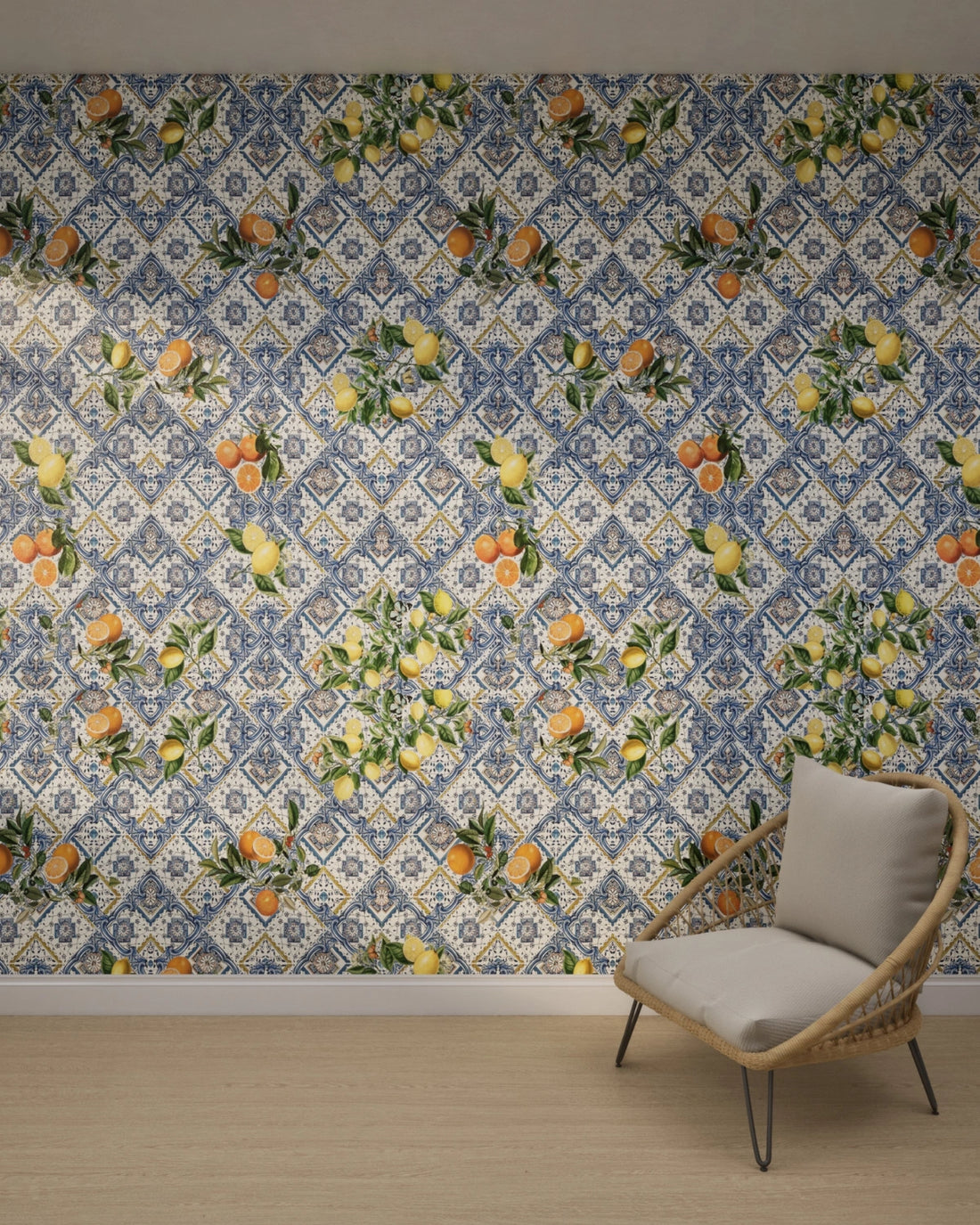 Mediterranean Sicilian Tiles Citrus Fruit Wallpaper – Multicolor