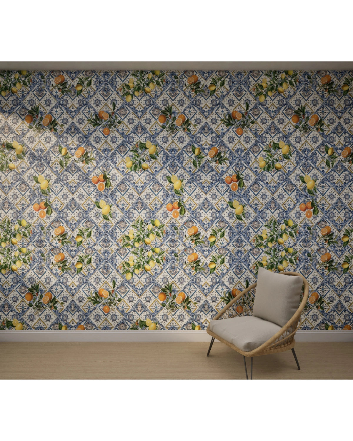 Mediterranean Sicilian Tiles Citrus Fruit Wallpaper – Multicolor