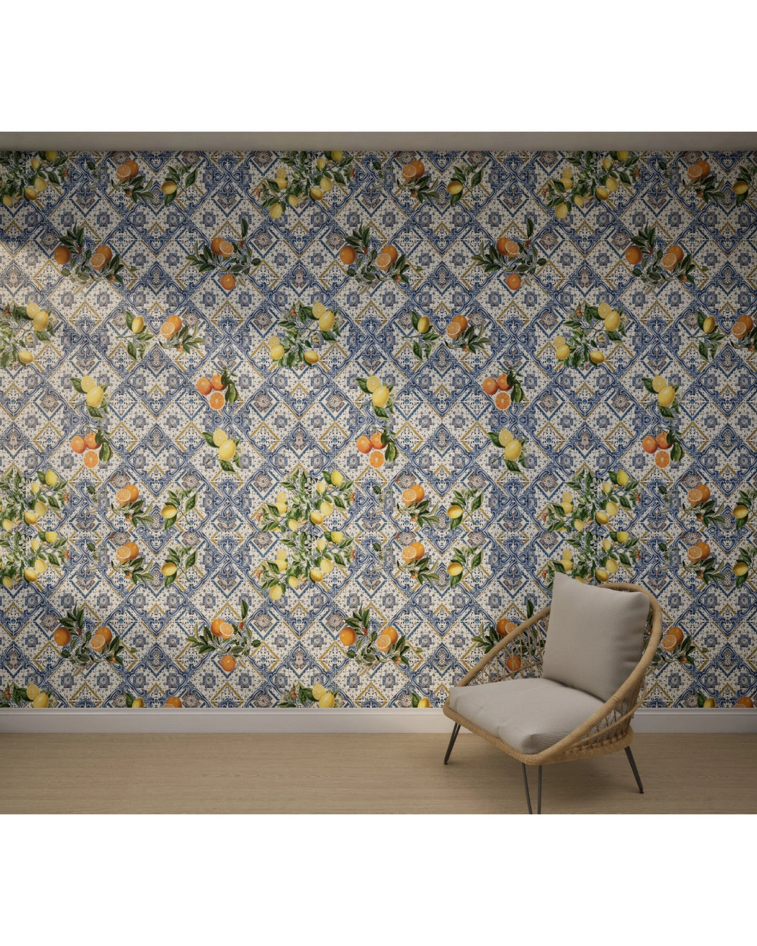 Mediterranean Sicilian Tiles Citrus Fruit Wallpaper – Multicolor