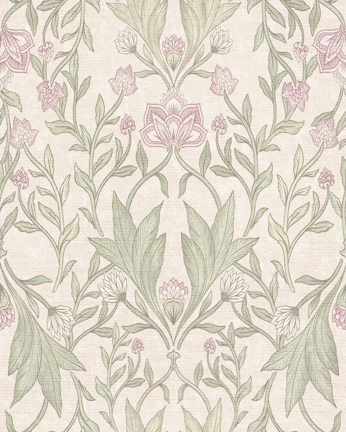 Morris Floral Damask & Leaves Wallpaper – Ivory Pink