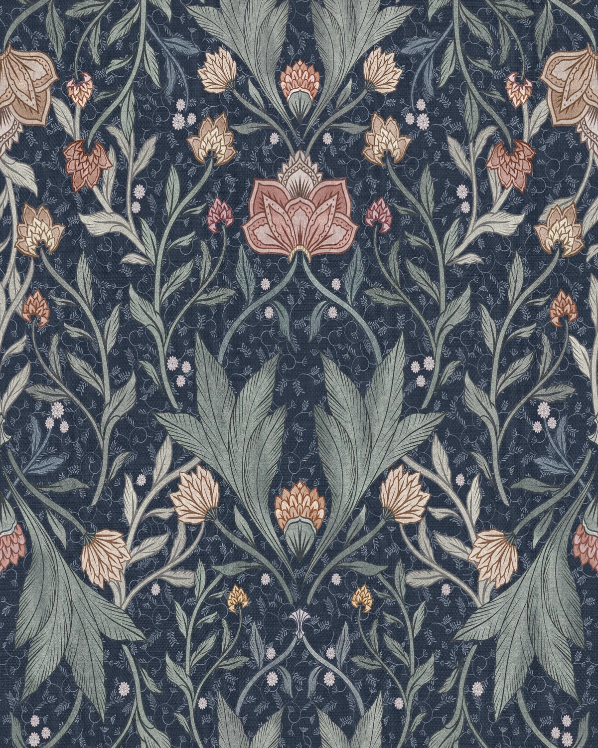 Morris Floral Damask & Leaves Wallpaper – Navy Blue
