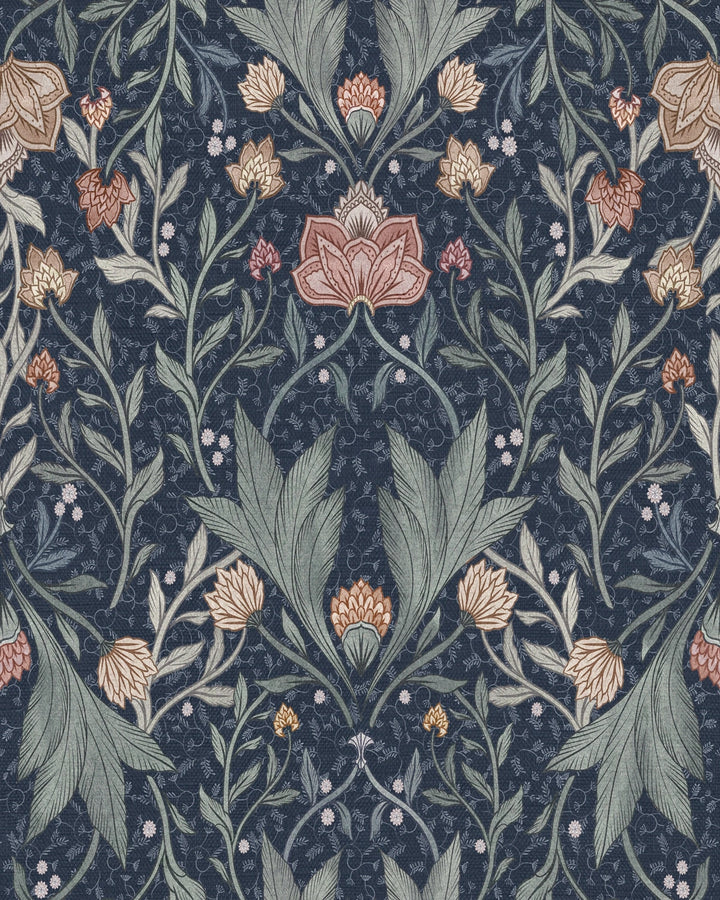 Morris Floral Damask & Leaves Wallpaper – Navy Blue