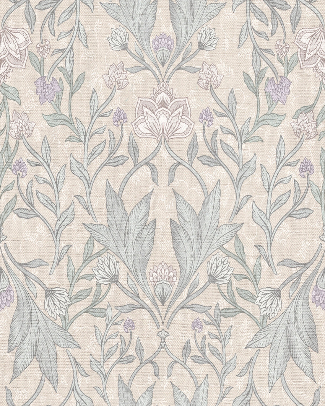 Morris Floral Damask & Leaves Wallpaper – Pastel Beige
