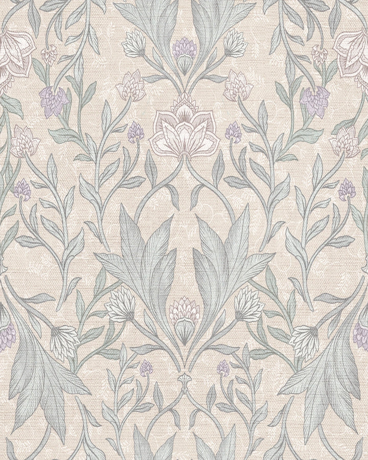 Morris Floral Damask & Leaves Wallpaper – Pastel Beige