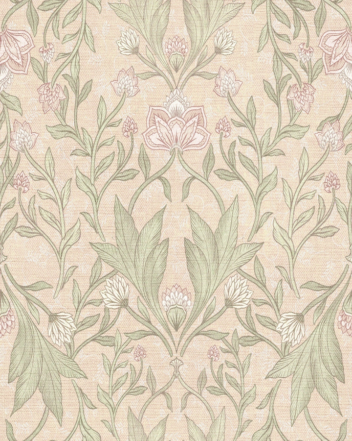 Morris Floral Damask & Leaves Wallpaper – Soft Coral Ivory