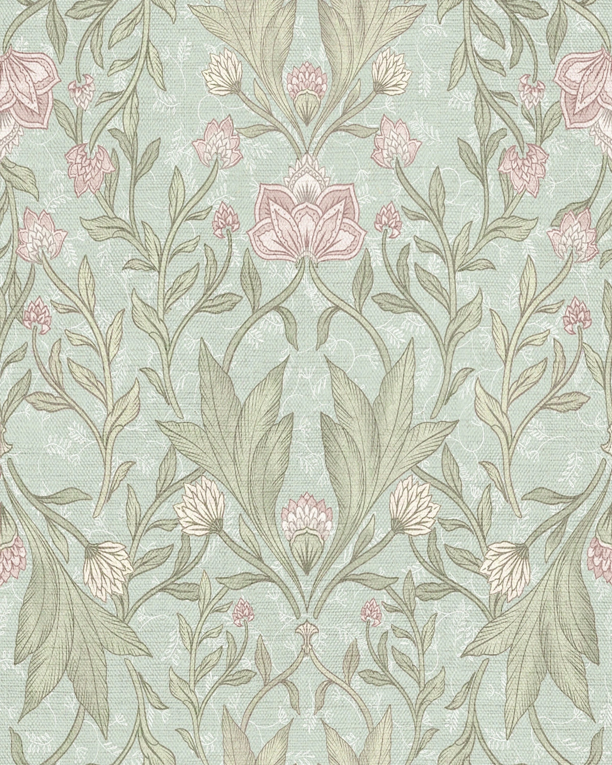 Morris Floral Damask & Leaves Wallpaper – Soft Teal