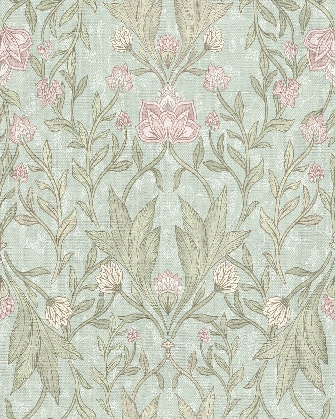 Morris Floral Damask & Leaves Wallpaper – Soft Teal