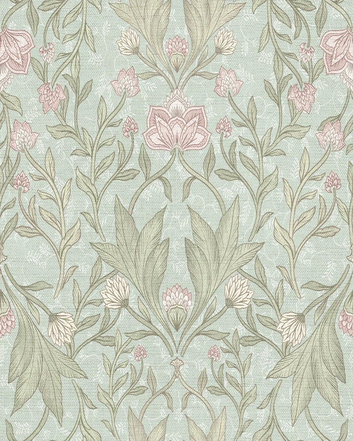 Morris Floral Damask & Leaves Wallpaper – Soft Teal