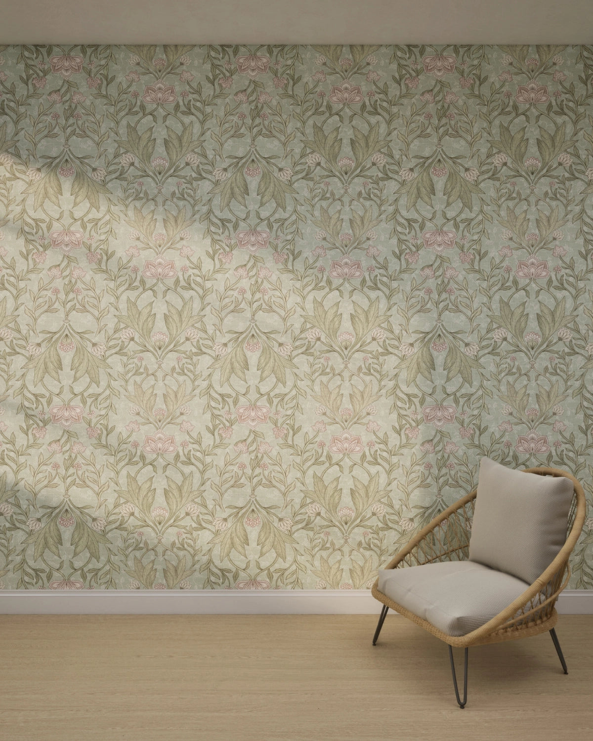 Morris Floral Damask & Leaves Wallpaper – Soft Teal