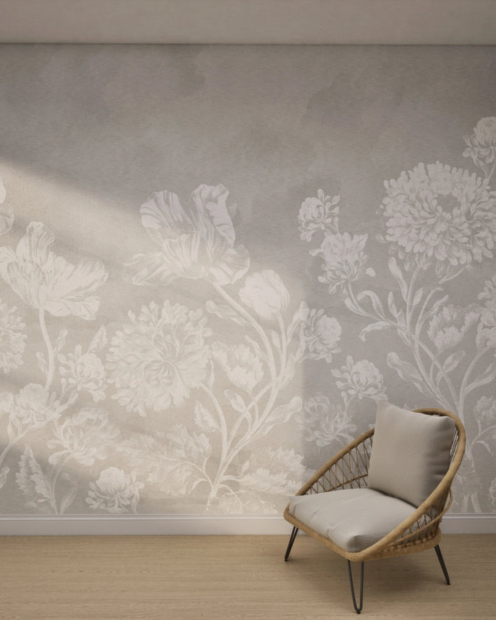 Soft Baroque Florals Wallpaper – Silver Grey