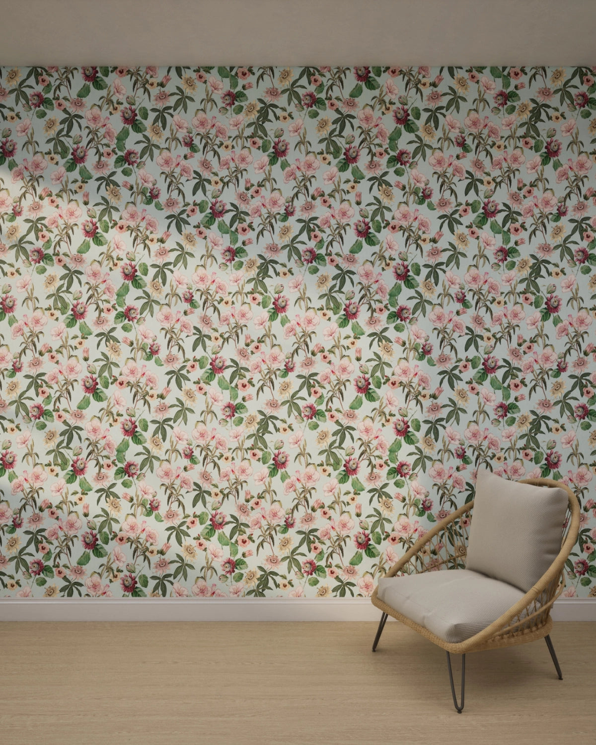 Tropical Vintage Passiflora & Hibiscus Wallpaper – Aqua Blue