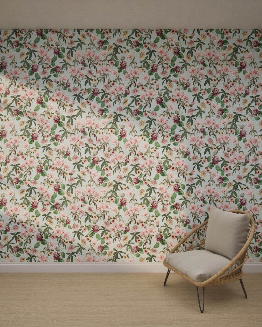 Tropical Vintage Passiflora & Hibiscus Wallpaper – Aqua Blue
