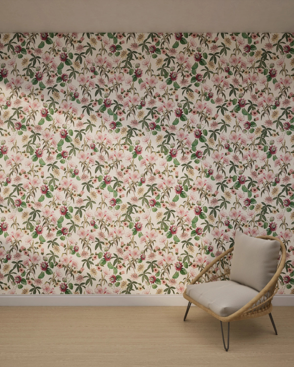 Tropical Vintage Passiflora & Hibiscus Wallpaper – Ivory Cream