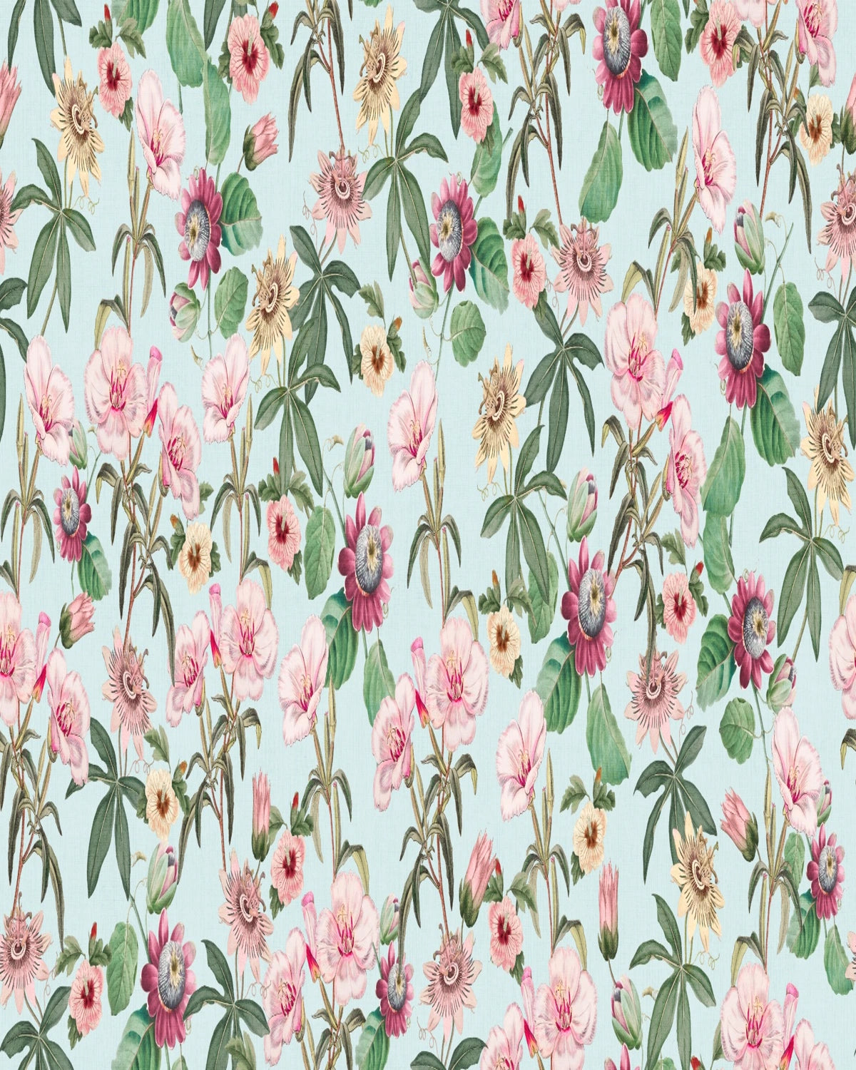 Tropical Vintage Passiflora & Hibiscus Wallpaper – Aqua Blue