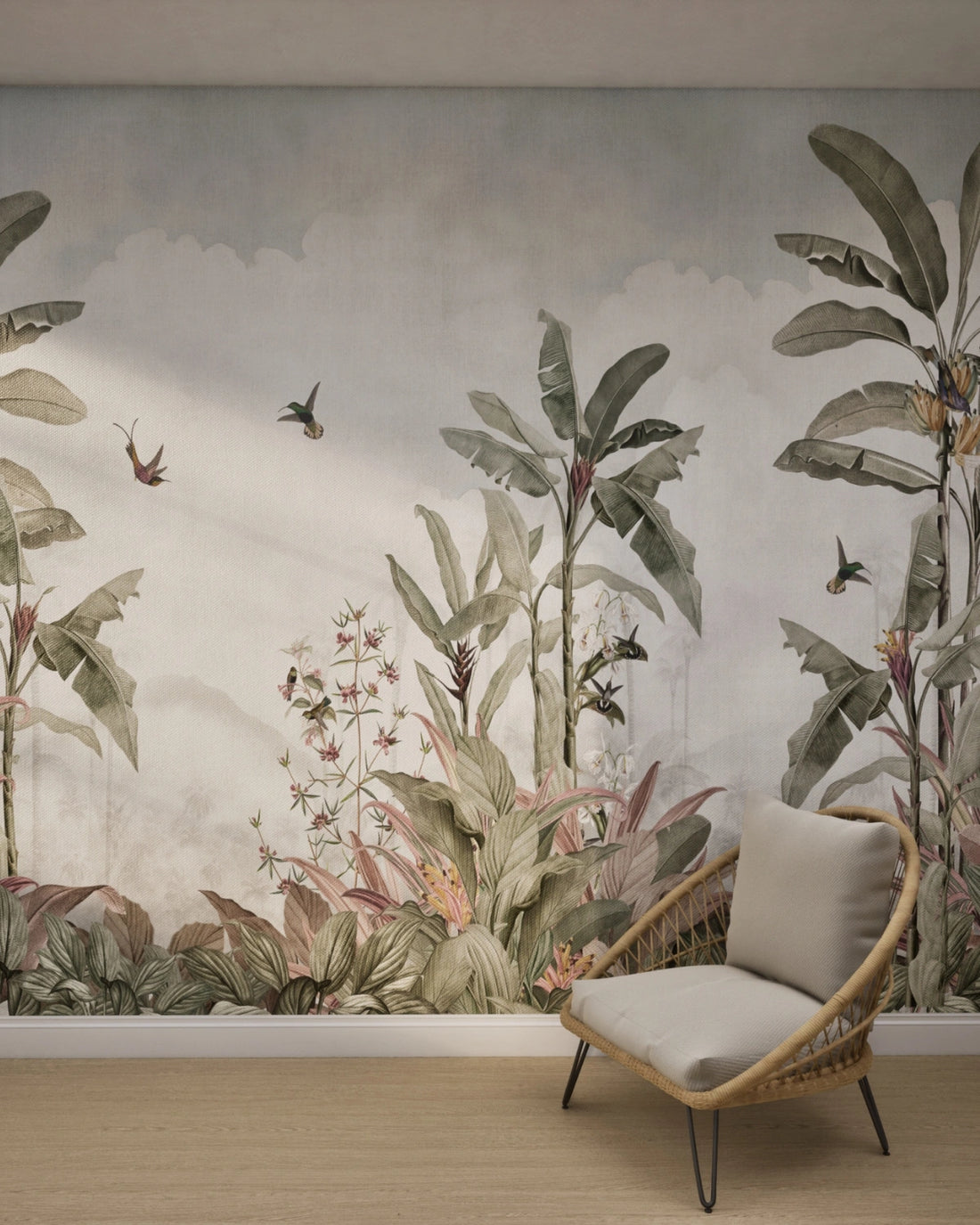 Vintage Jungle Panorama Wallpaper – Cloud Blue