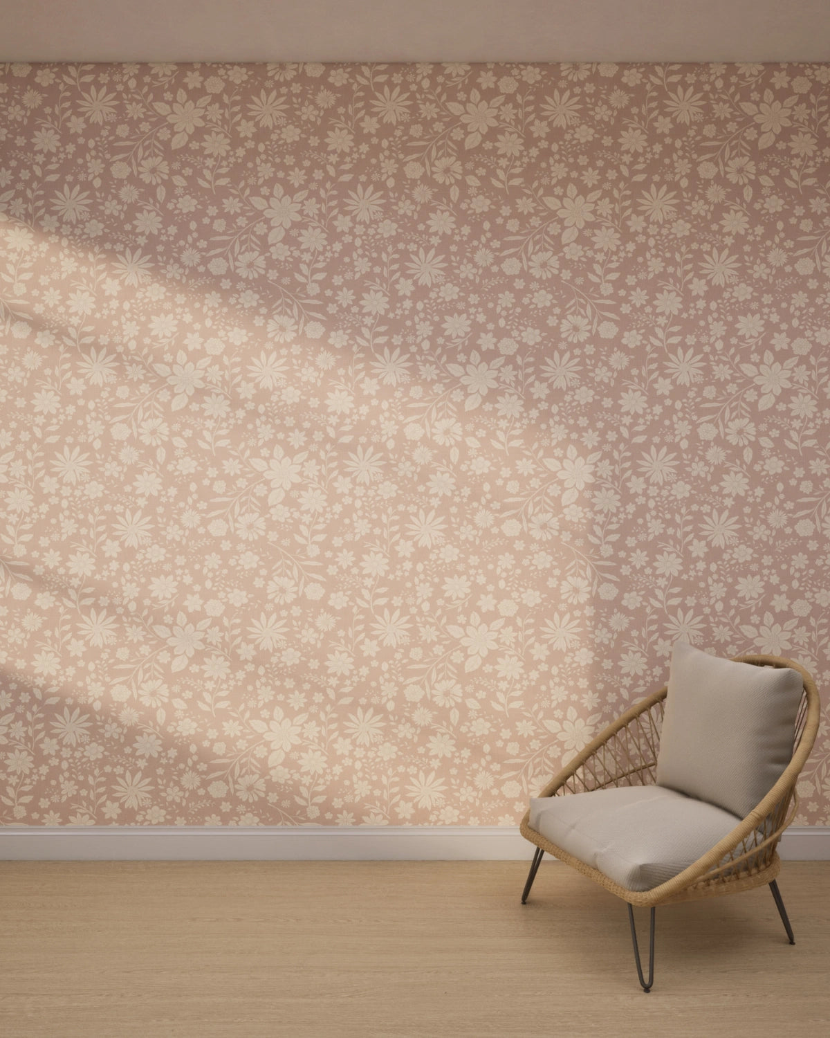 Retro Boho Florals on Linen Wallpaper – Ivory Pink