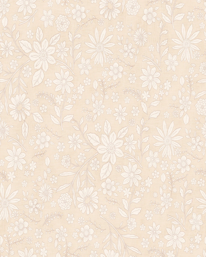 Retro Boho Florals on Linen Wallpaper – Ivory Beige