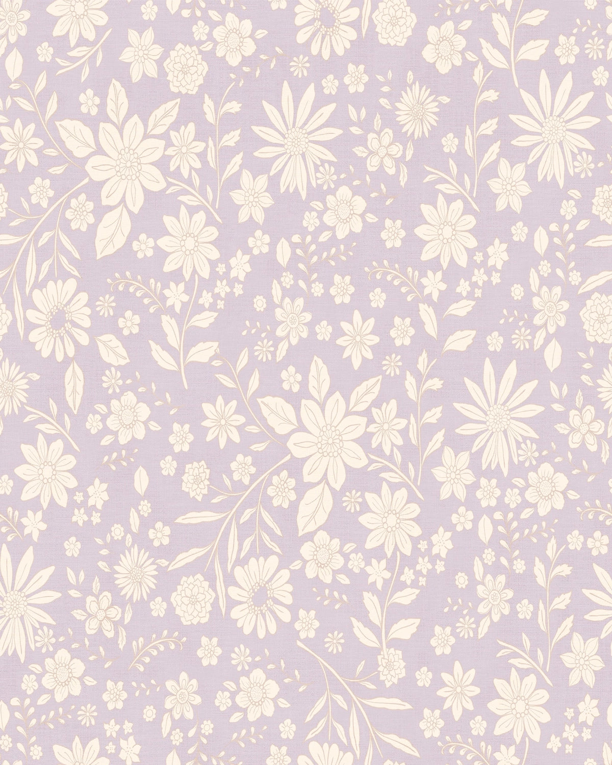 Retro Boho Florals on Linen Wallpaper – Ivory Lavender