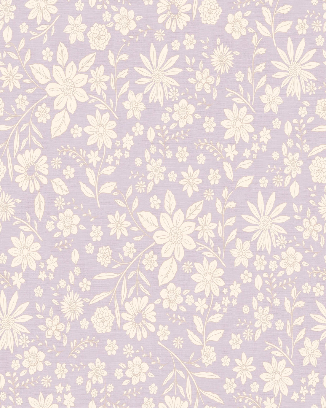 Retro Boho Florals on Linen Wallpaper – Ivory Lavender