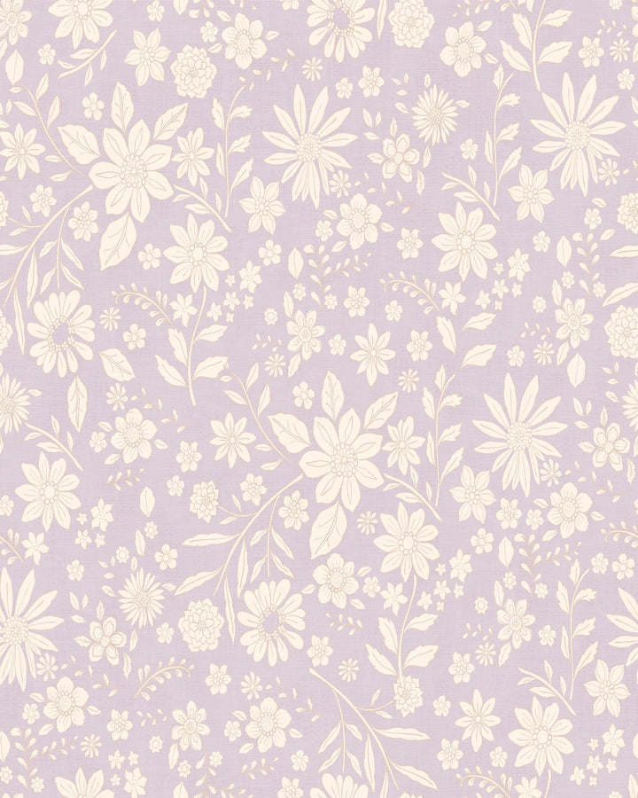 Retro Boho Florals on Linen Wallpaper – Ivory Lavender