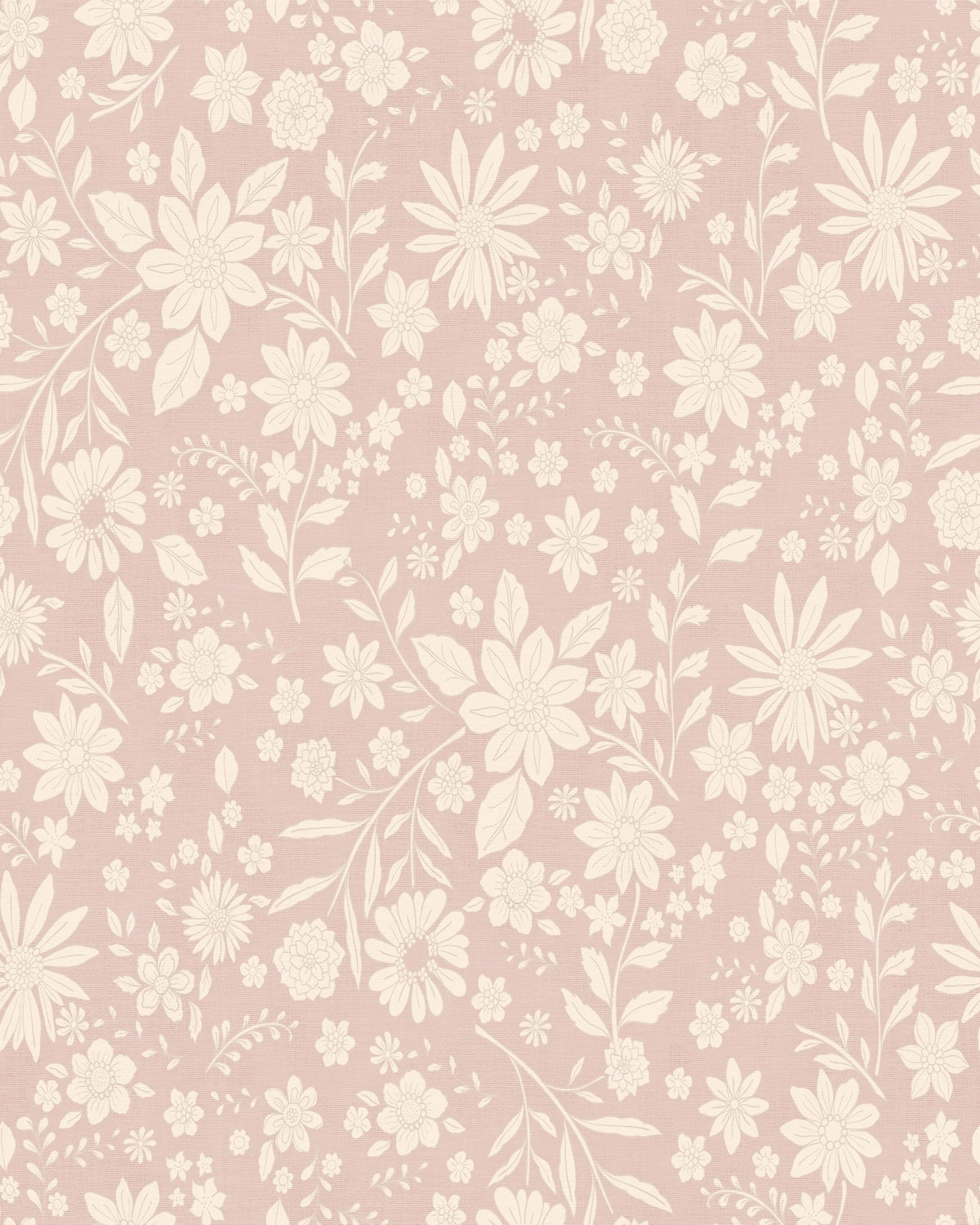 Retro Boho Florals on Linen Wallpaper – Ivory Pink