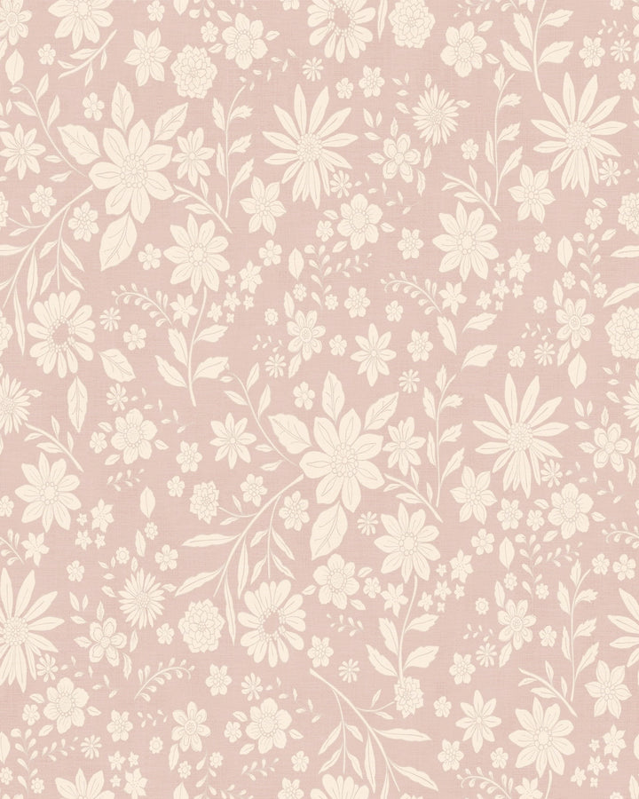 Retro Boho Florals on Linen Wallpaper – Ivory Pink