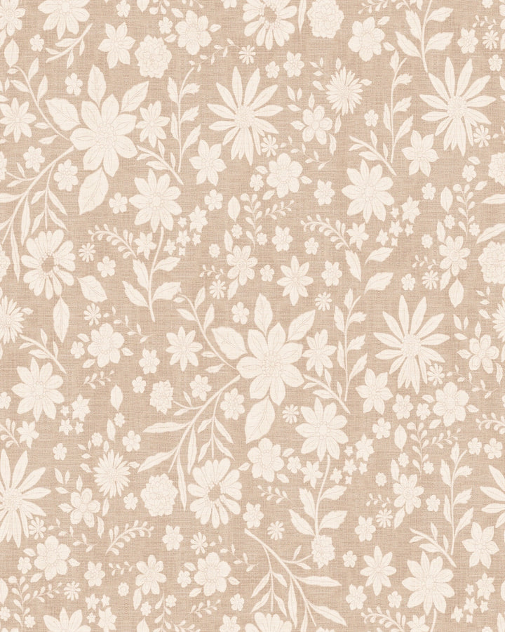Retro Boho Florals on Linen Wallpaper – Warm Beige