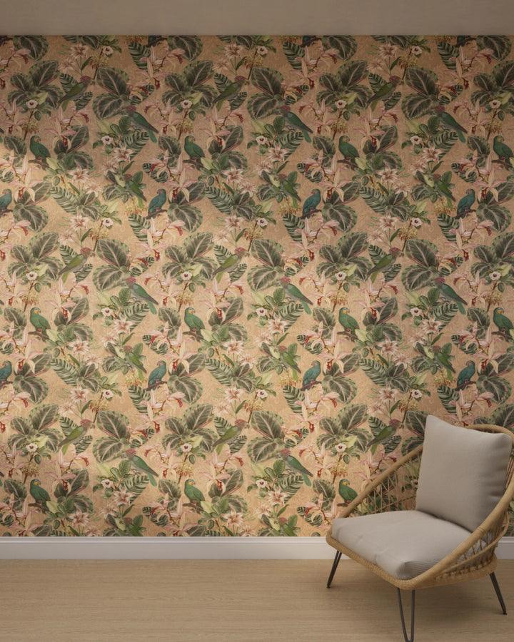 Tropical Parrot Beige Wallpaper