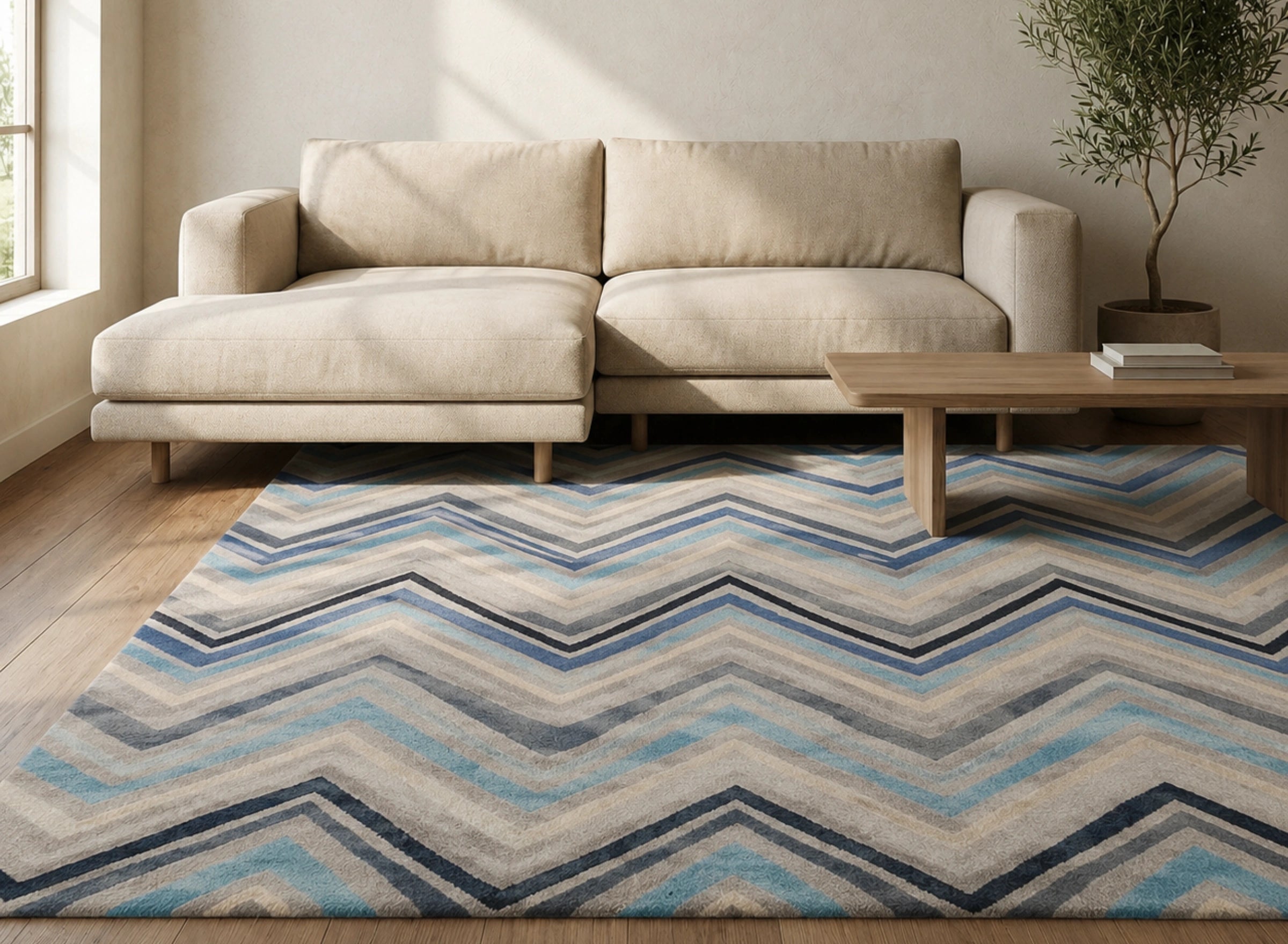 Blue Grey Chevron Pattern Carpet