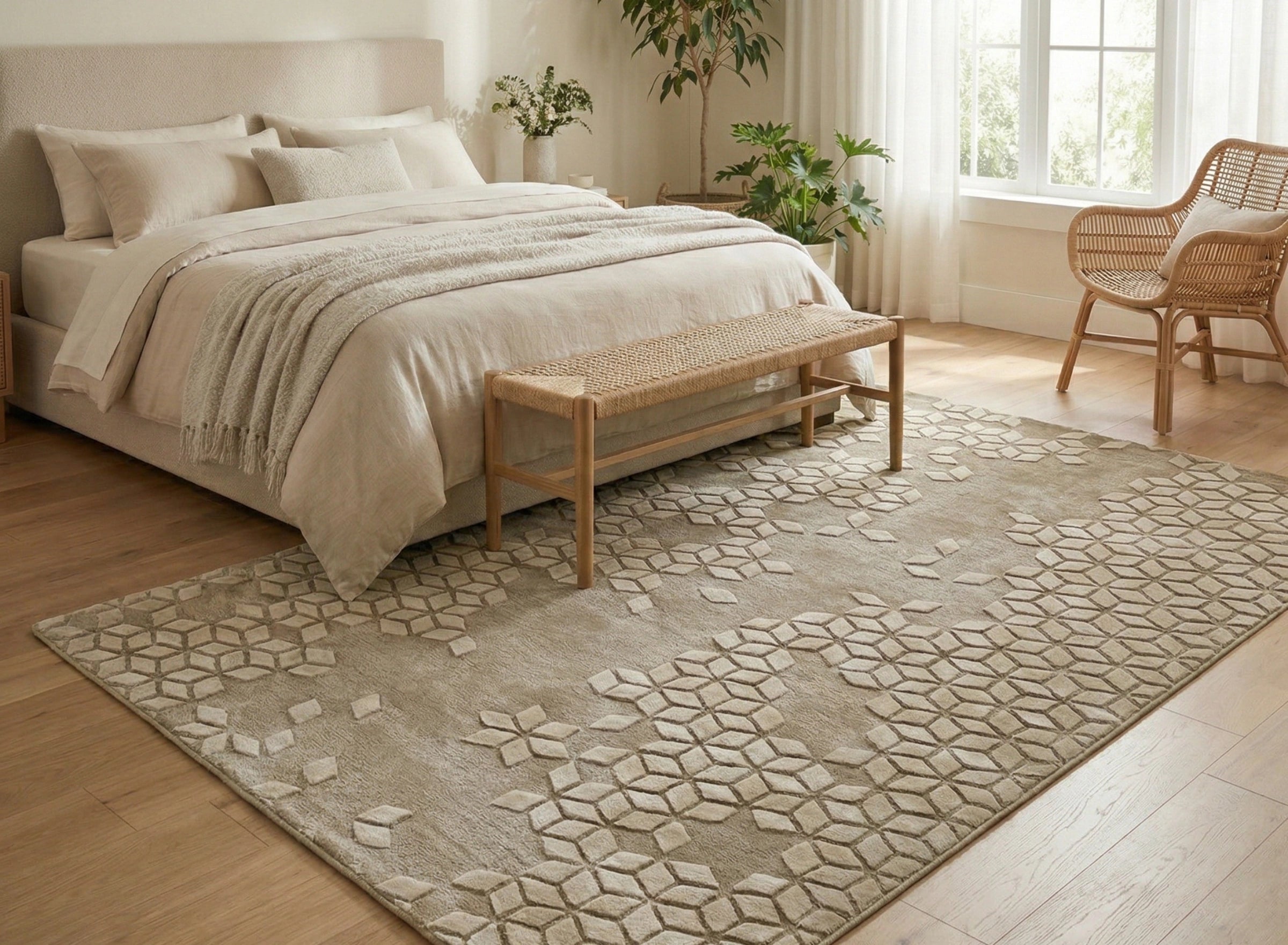 Beige Geometric Textured Contemporary Carpet