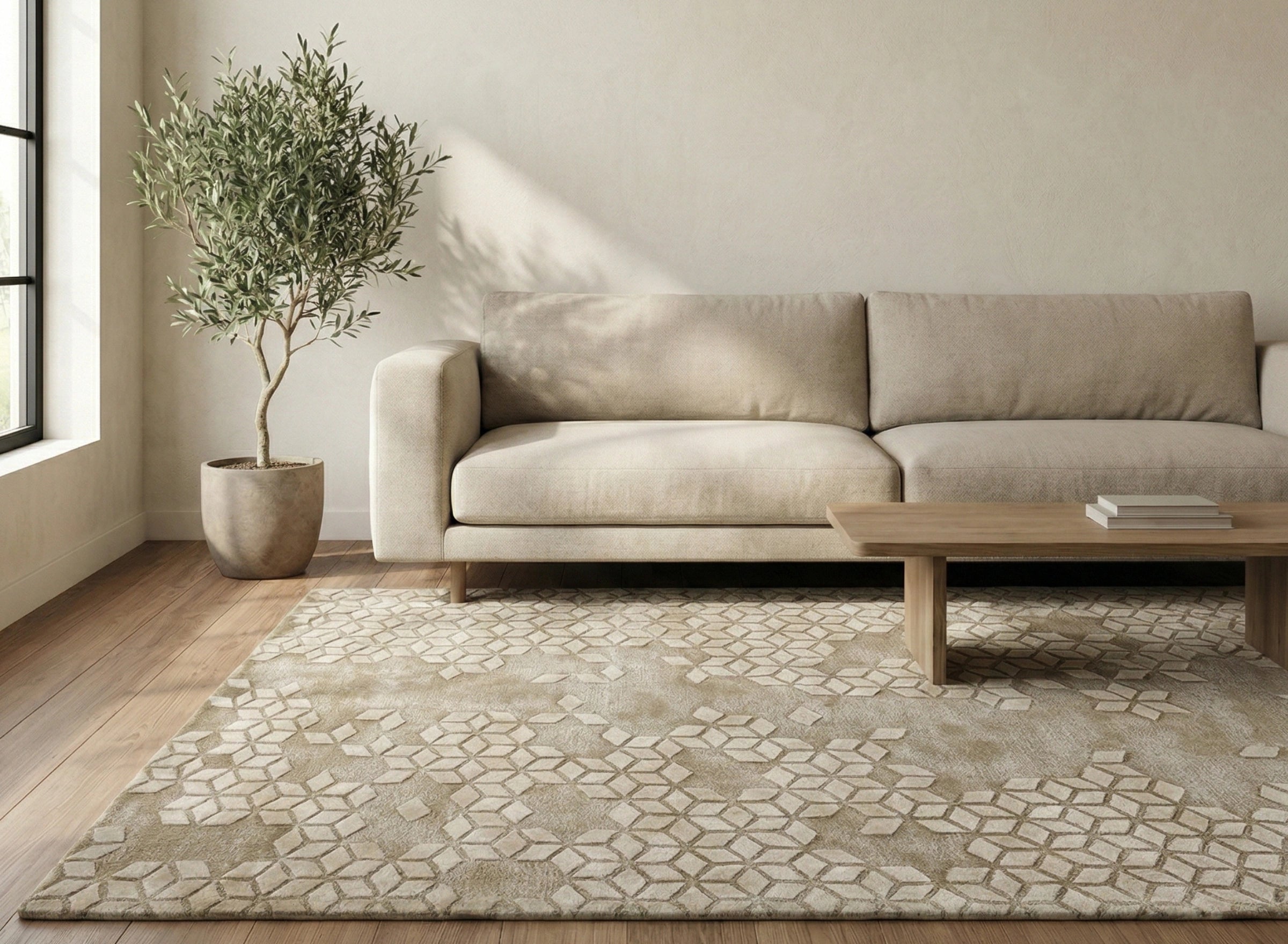 Beige Geometric Textured Contemporary Carpet