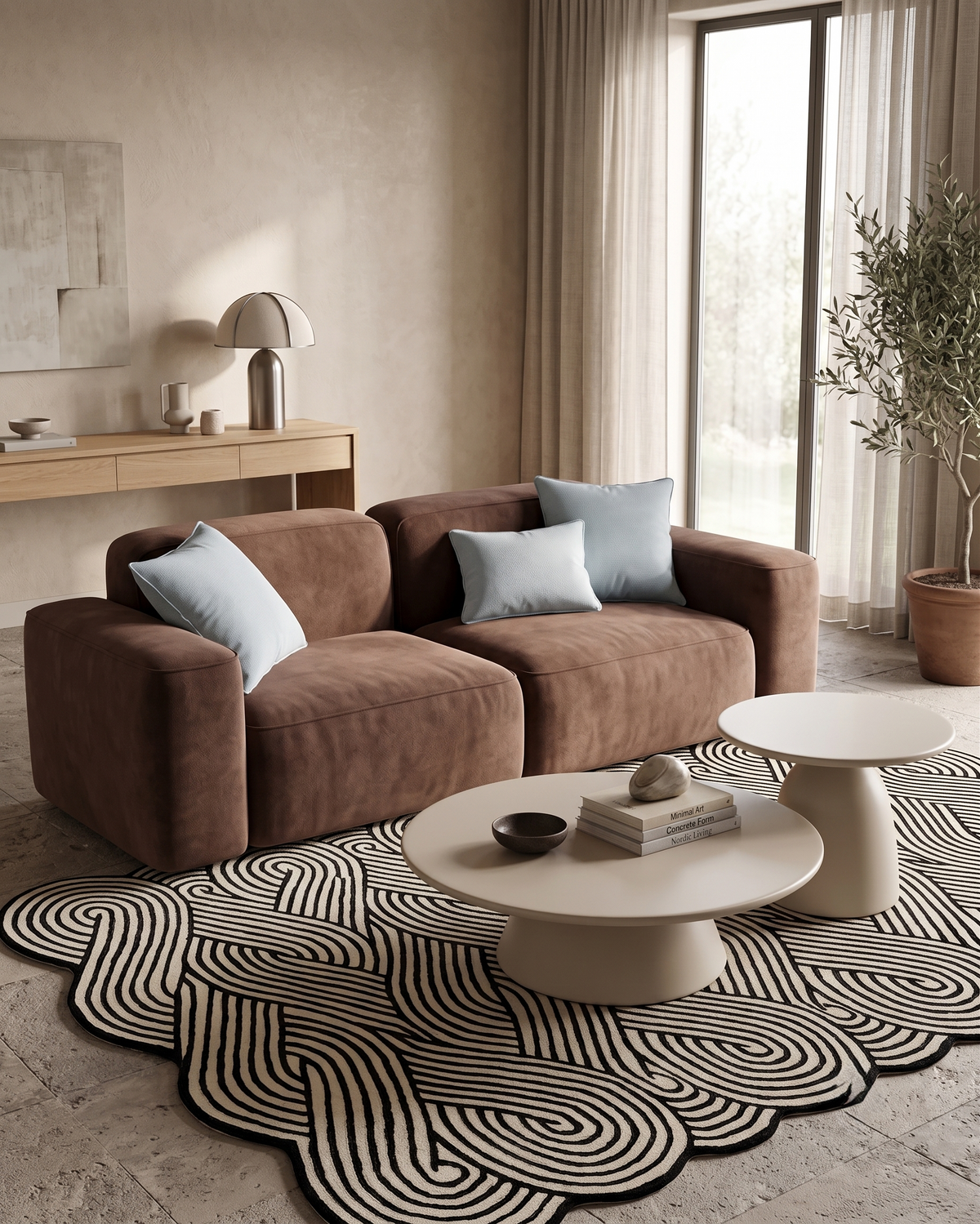 A modern living room scene featuring a brown suede sectional sofa with light blue throw pillows, styled on a black and beige wavy patterned rug with round coffee tables.