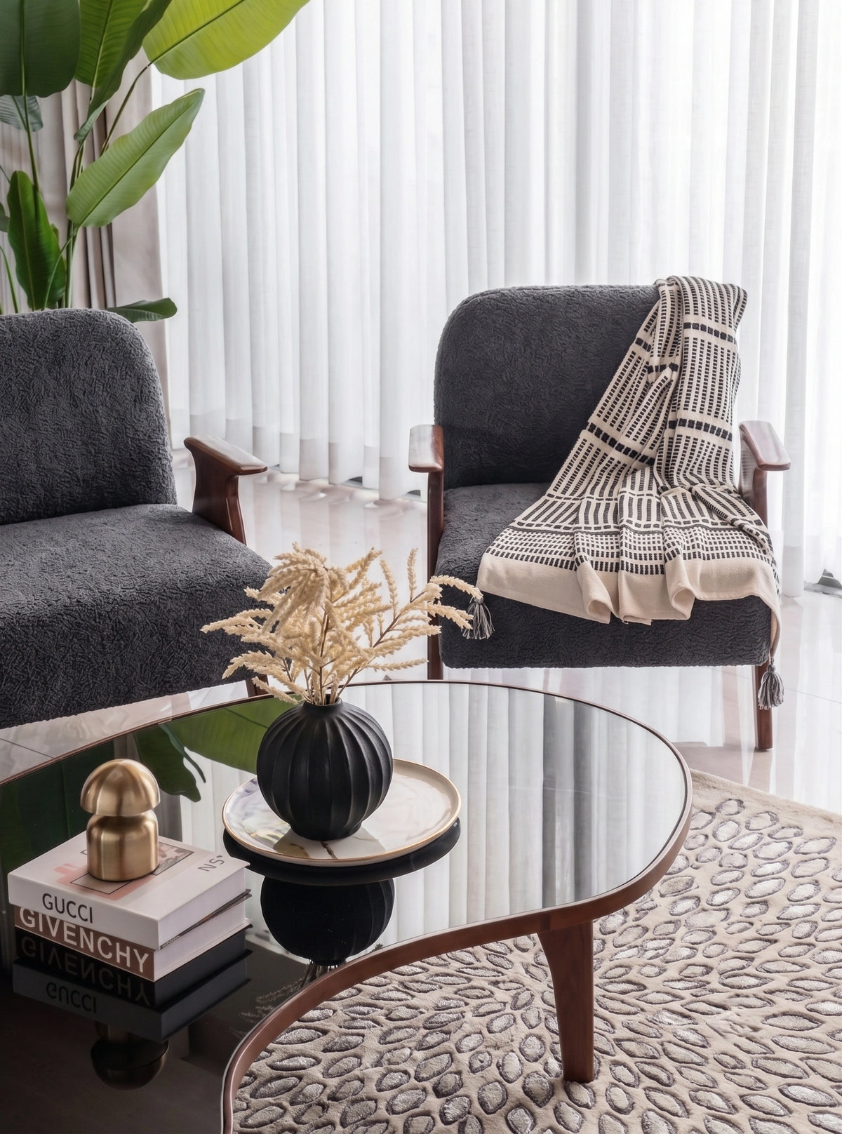 Styled Spaces — Nook, Neutral & Calm — Featuring Derby Grey Upholstery FabricRadiant Petal Burst Carpet, Opus Vase