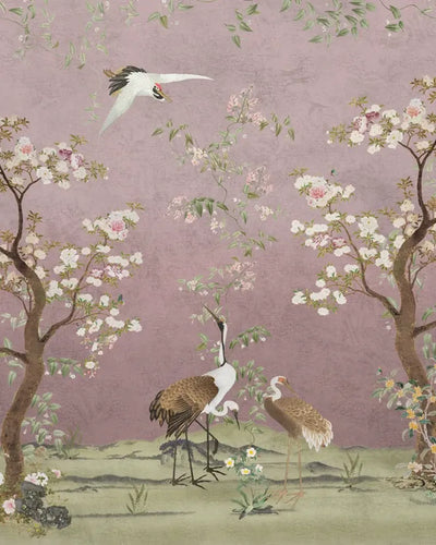 Chinoiserie Crane Birds Floral Garden Wallpaper – Blush