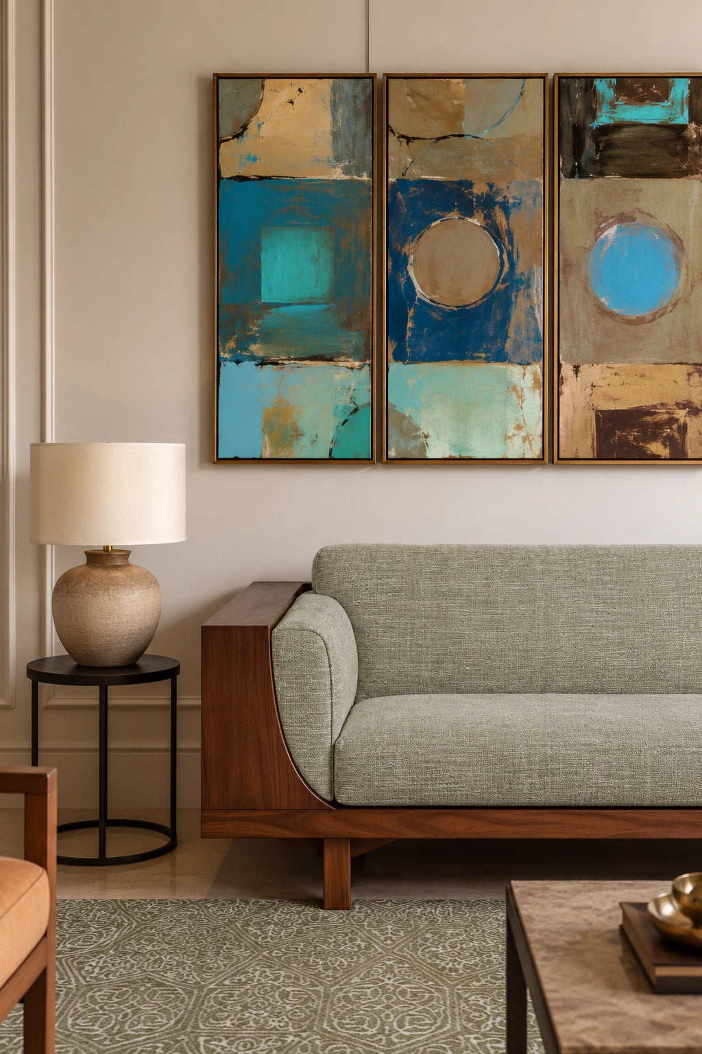 Modern living room with a sage green upholstered sofa, warm wood frame, abstract blue and teal artwork, round side table with a ceramic lamp, and a patterned green area rug in a neutral interior.