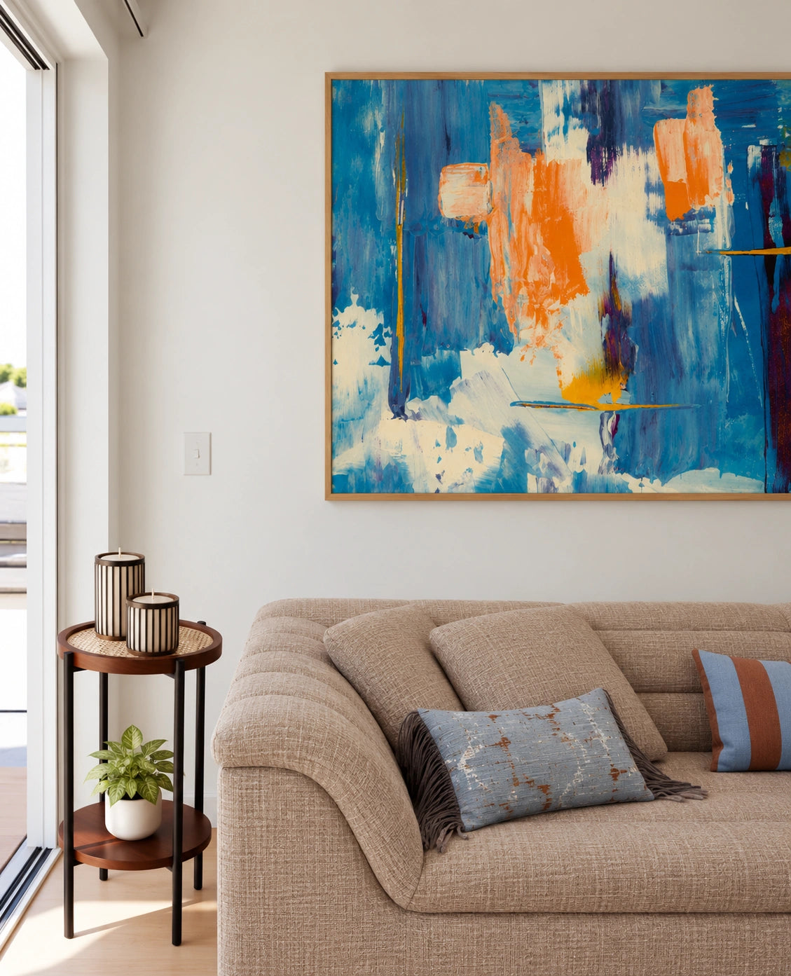 An abstract canvas painting with blue, orange, and white brushstrokes hanging on a light beige wall above a beige sofa in a modern living room setting.