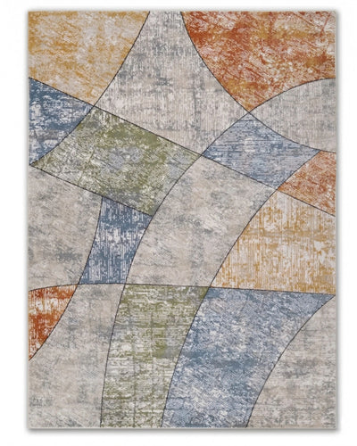 Cream Blue Curved Geometric Carpet