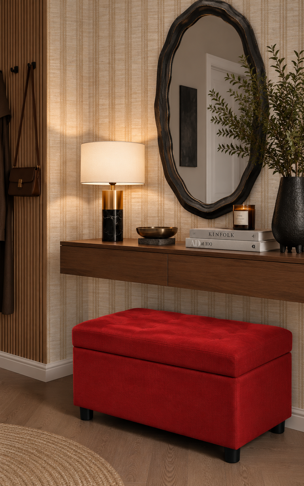 A bright red velvet storage ottoman bench with black legs, styled in a modern entryway setting below a floating wooden console table.