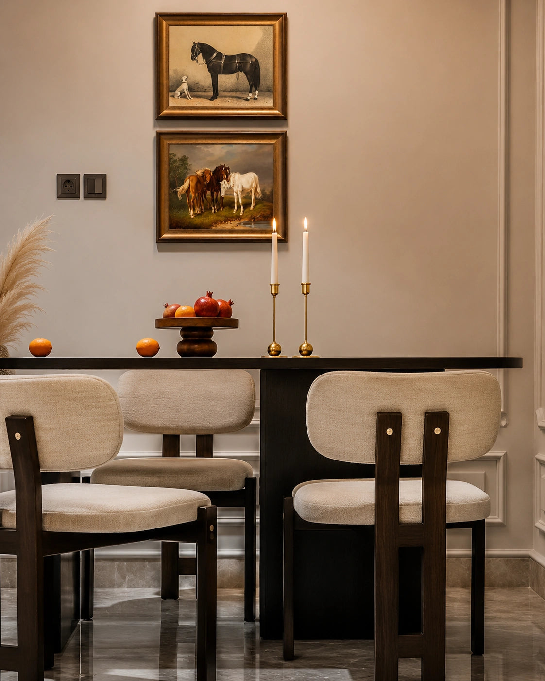 A styled dining room corner featuring a black rectangular table with four upholstered chairs in beige fabric, decorated with candles, fruit, and pampas grass. Above the table, two framed paintings of horses hang on a beige wall.