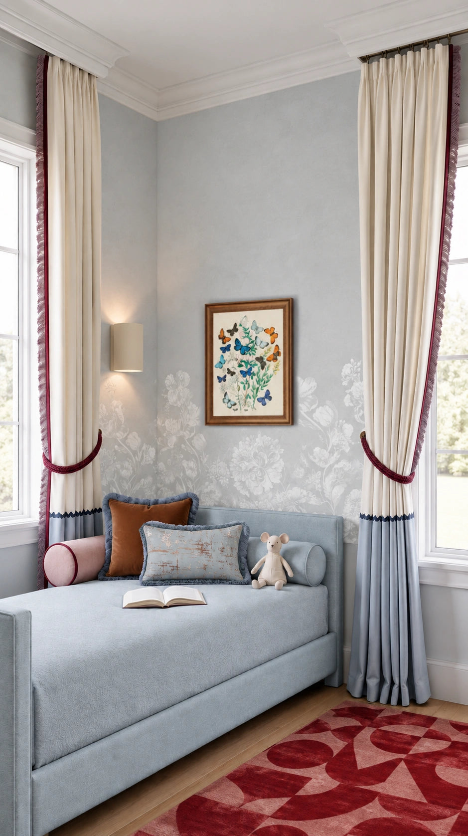 Elegant kids’ bedroom with a light blue upholstered daybed, cream and burgundy accented curtains, butterfly artwork, floral wall detailing, plush cushions and teddy bear, open book, and a bold red geometric area rug.